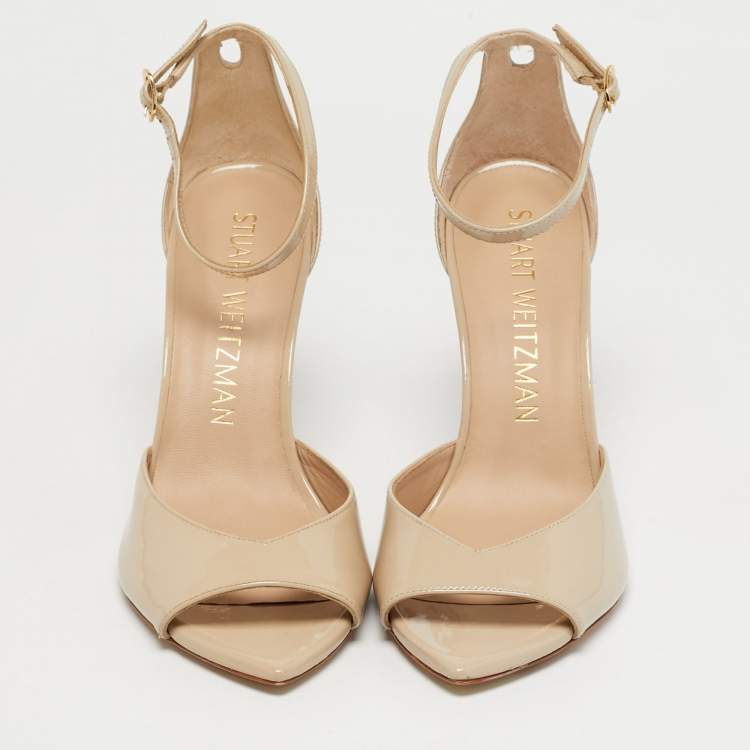 Pre Owned Stuart Weitzman Beige Patent Leather Nudistsong Ankle Strap Sandals Size 40