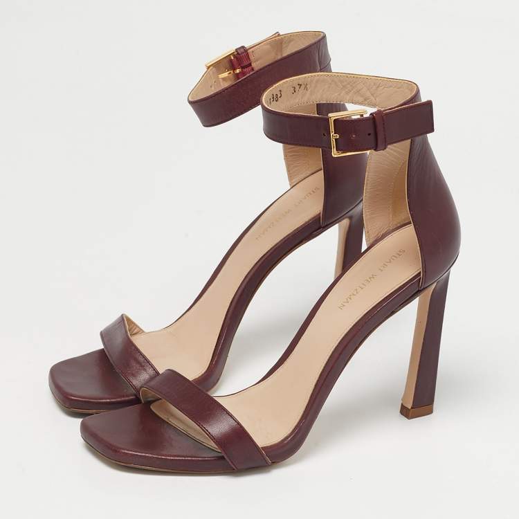Pre Owned Stuart Weitzman Burgundy Leather Nudist Ankle Strap Sandals Size 37.5