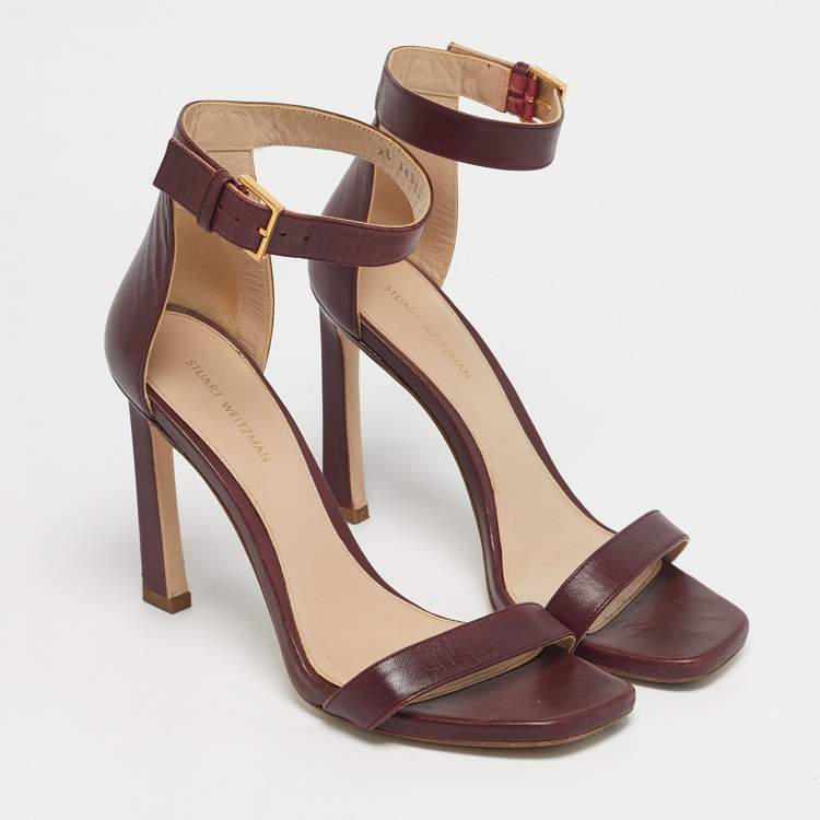 Pre Owned Stuart Weitzman Burgundy Leather Nudist Ankle Strap Sandals Size 37.5