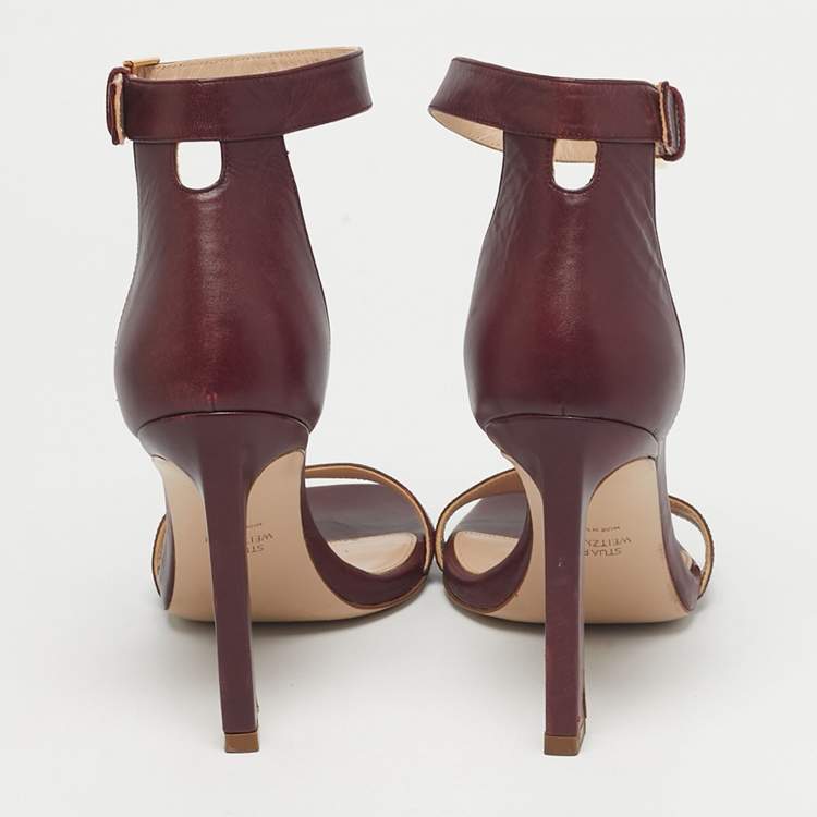 Pre Owned Stuart Weitzman Burgundy Leather Nudist Ankle Strap Sandals Size 37.5