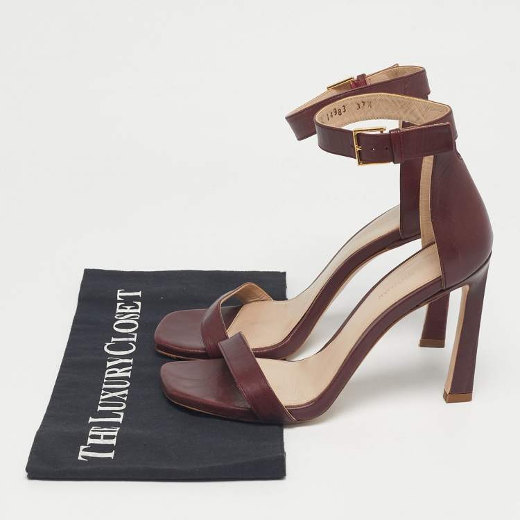 Pre Owned Stuart Weitzman Burgundy Leather Nudist Ankle Strap Sandals Size 37.5