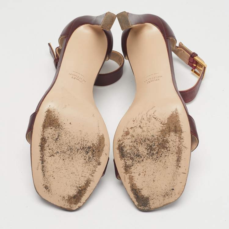 Pre Owned Stuart Weitzman Burgundy Leather Nudist Ankle Strap Sandals Size 37.5