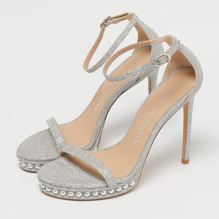Pre Owned Stuart Weitzman Silver Glitter Nudist Ankle Strap Sandals Size 38
