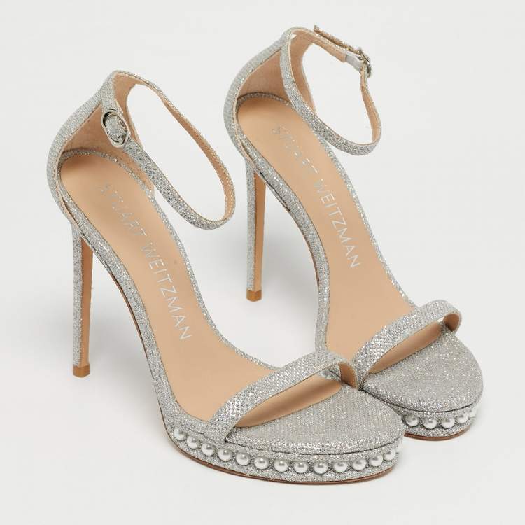 Pre Owned Stuart Weitzman Silver Glitter Nudist Ankle Strap Sandals Size 38