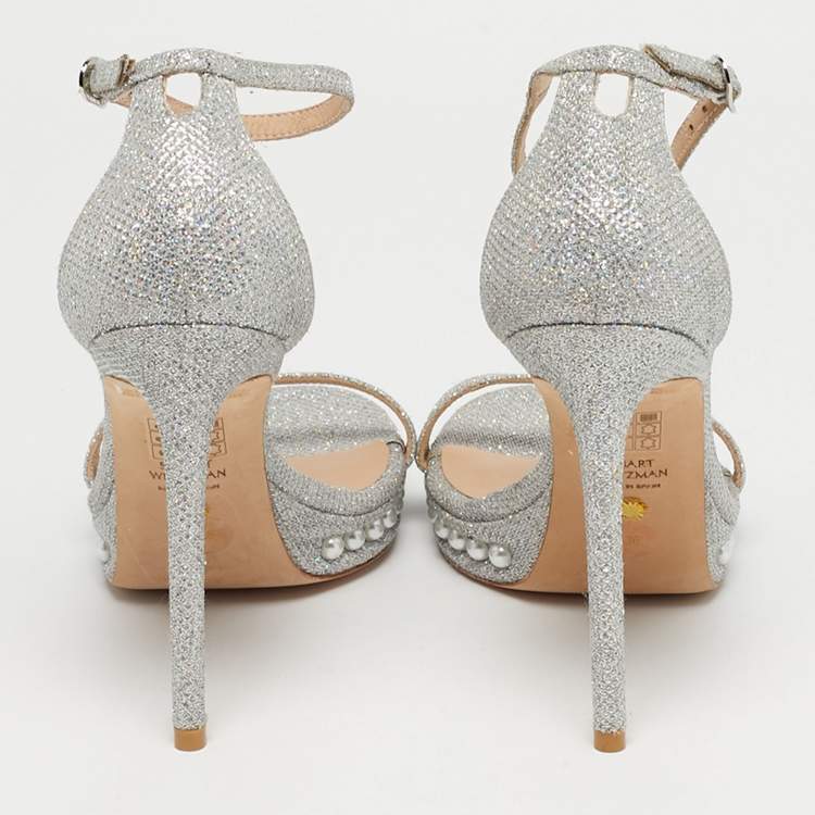 Pre Owned Stuart Weitzman Silver Glitter Nudist Ankle Strap Sandals Size 38