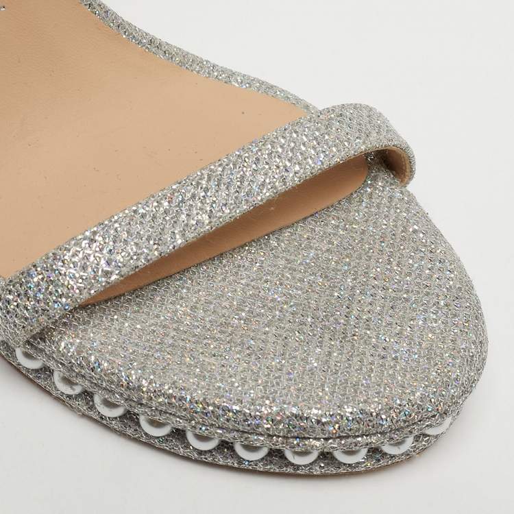 Pre Owned Stuart Weitzman Silver Glitter Nudist Ankle Strap Sandals Size 38