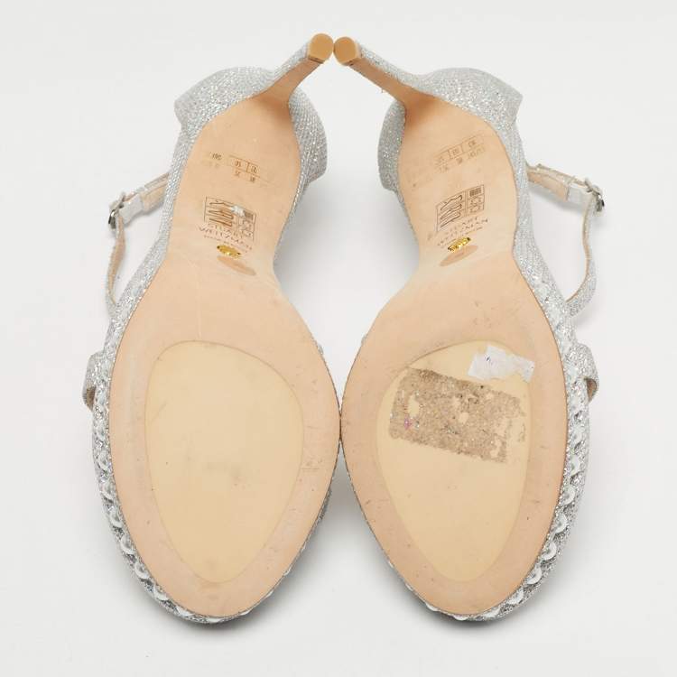 Pre Owned Stuart Weitzman Silver Glitter Nudist Ankle Strap Sandals Size 38