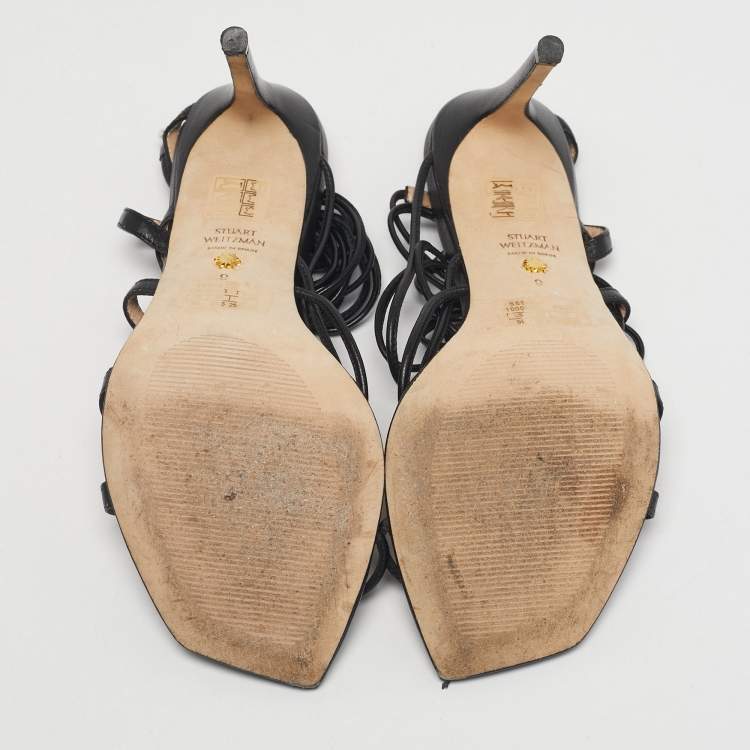 مملوكة مسبقًا Stuart Weitzman Black Leather Ankle Wrap Sandals Size 39.5