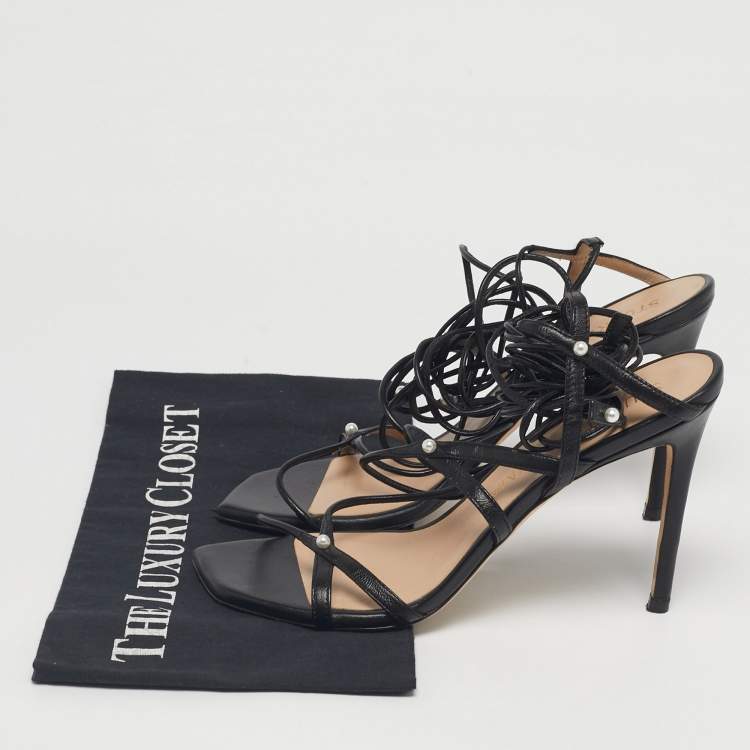 مملوكة مسبقًا Stuart Weitzman Black Leather Ankle Wrap Sandals Size 39.5
