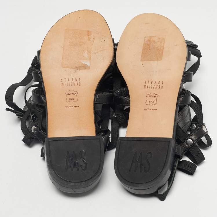 Pre Owned Stuart Weitzman Black Elastic and Leather Gladiator Flat Sandals Size 35
