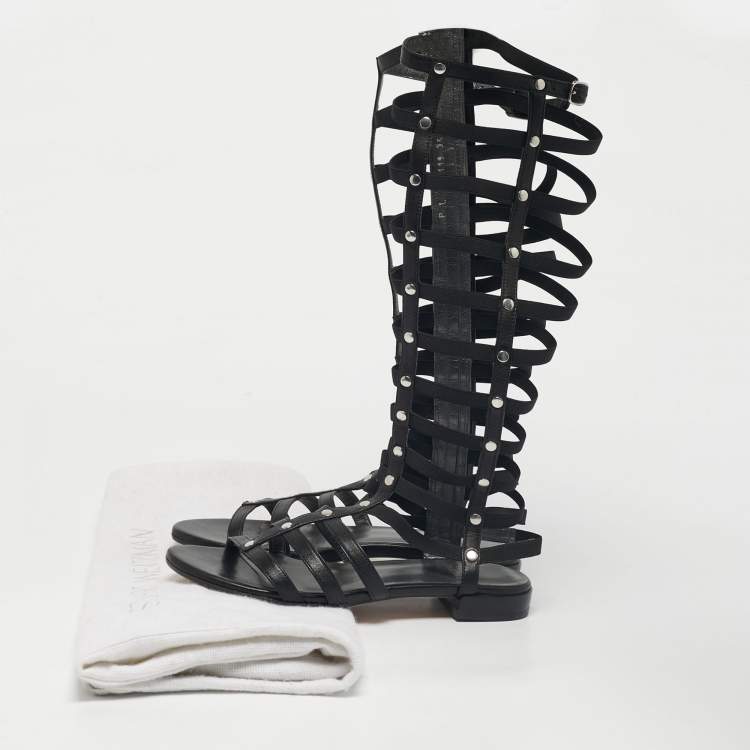 Pre Owned Stuart Weitzman Black Elastic and Leather Gladiator Flat Sandals Size 35