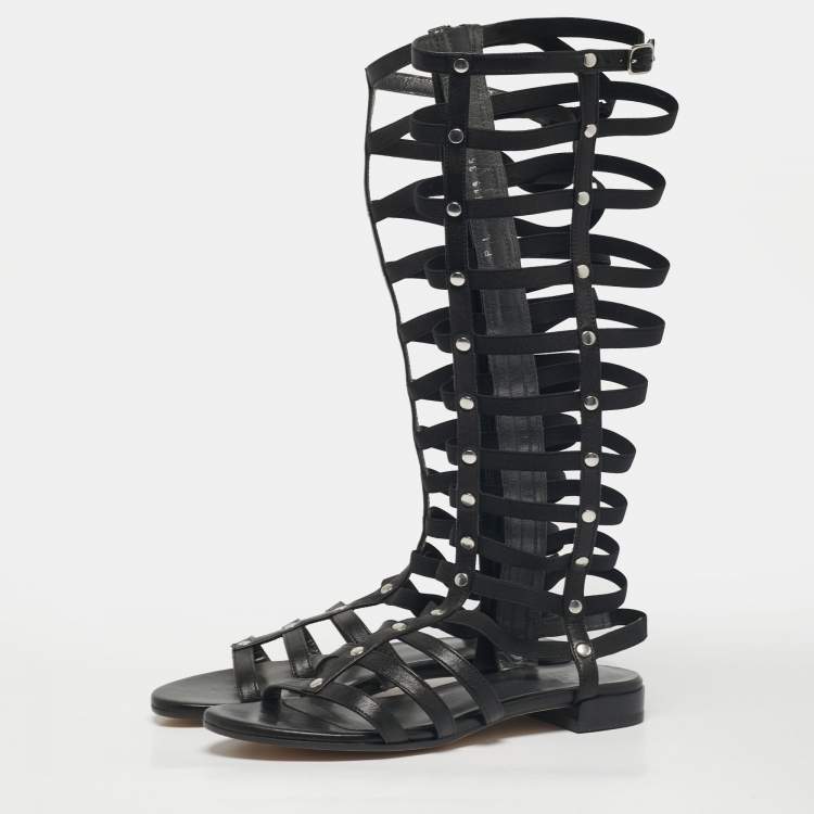 Pre Owned Stuart Weitzman Black Elastic and Leather Gladiator Flat Sandals Size 35