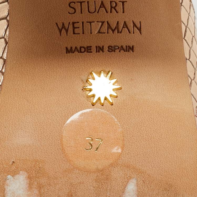 Pre Owned Stuart Weitzman Gold Snakeskin Embossed Leather Slide Sandals Size 37
