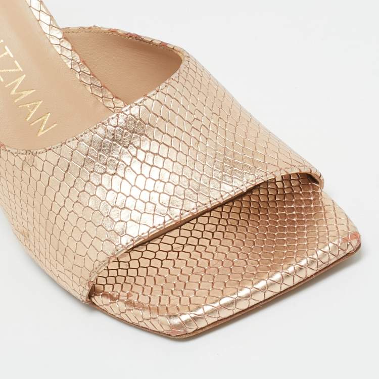Pre Owned Stuart Weitzman Gold Snakeskin Embossed Leather Slide Sandals Size 37