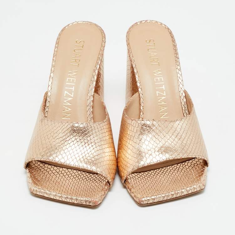 Pre Owned Stuart Weitzman Gold Snakeskin Embossed Leather Slide Sandals Size 37