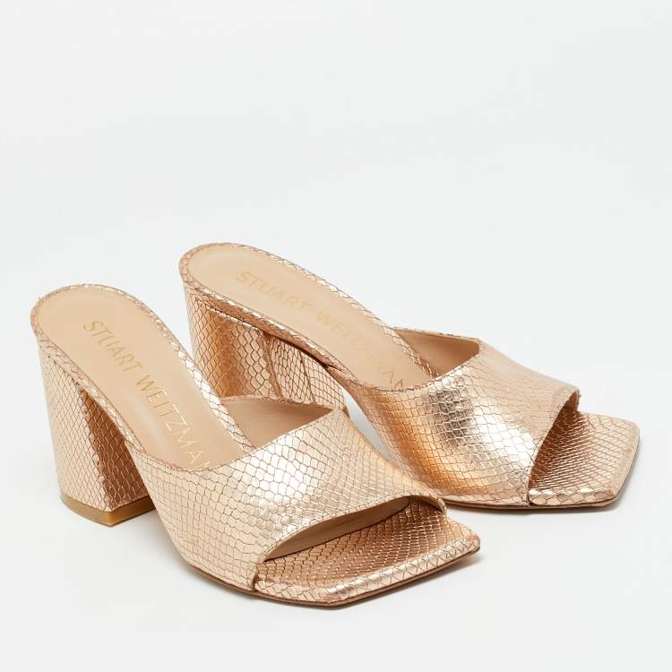 Pre Owned Stuart Weitzman Gold Snakeskin Embossed Leather Slide Sandals Size 37