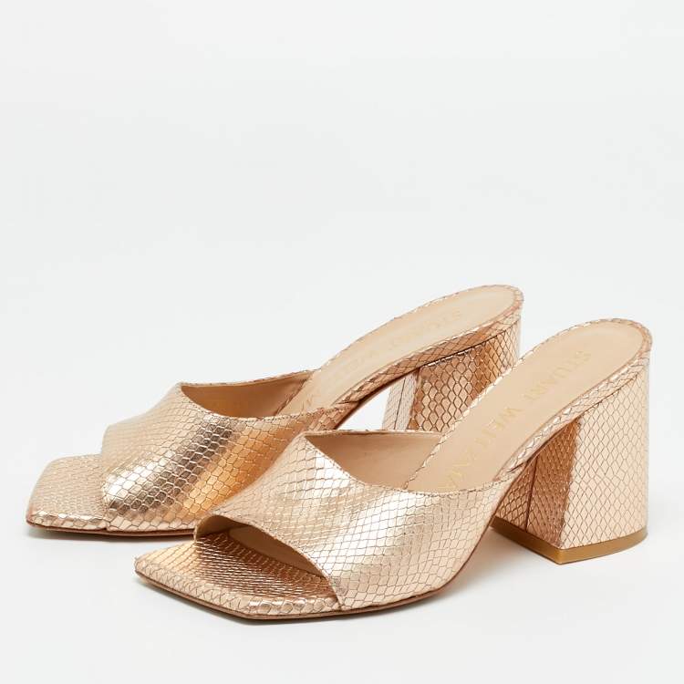 Pre Owned Stuart Weitzman Gold Snakeskin Embossed Leather Slide Sandals Size 37