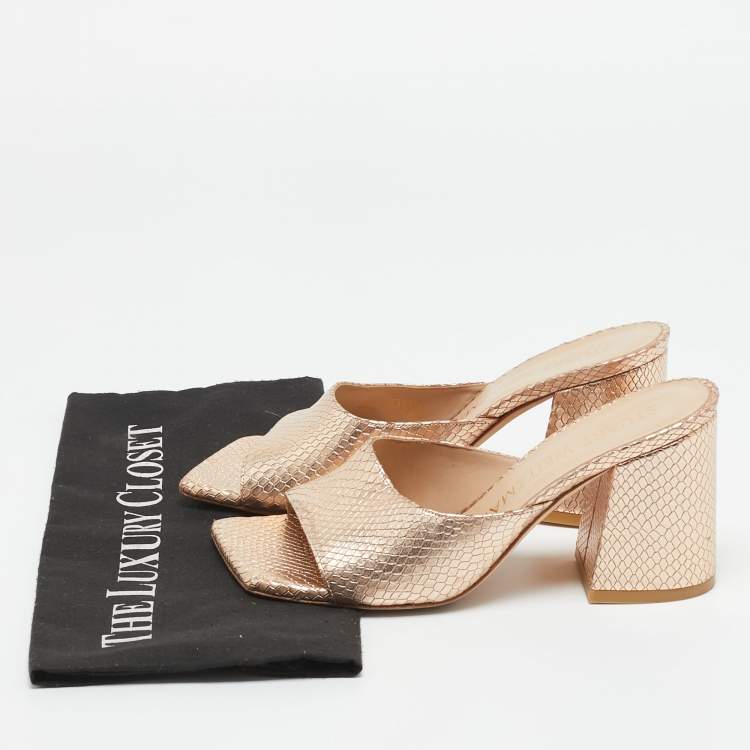 Pre Owned Stuart Weitzman Gold Snakeskin Embossed Leather Slide Sandals Size 37
