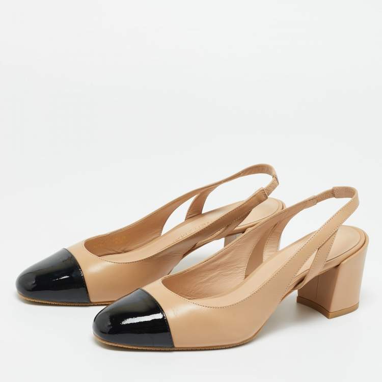 مملوكة مسبقًا Stuart Weitzman Black/Beige Leather and Patent Slingback Pumps Size 40  