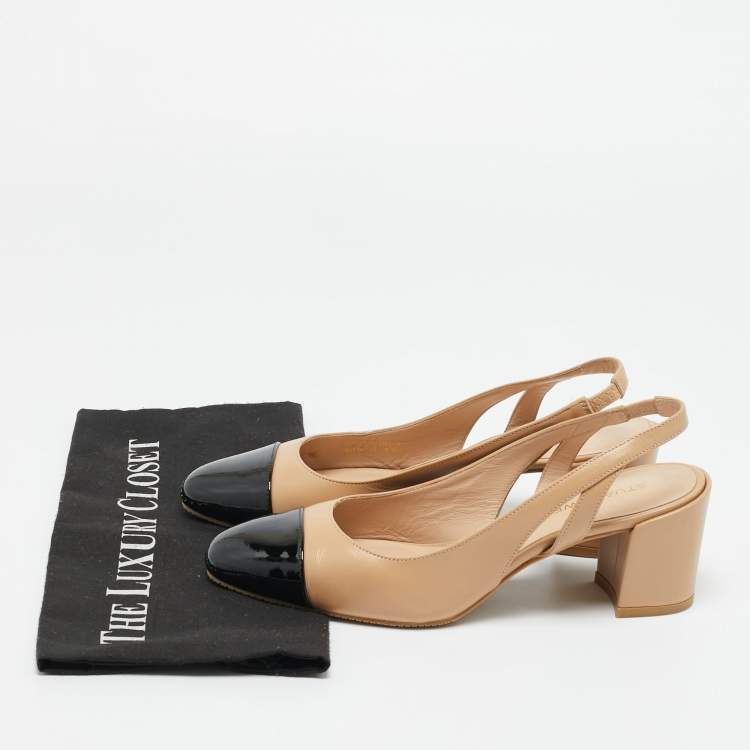 مملوكة مسبقًا Stuart Weitzman Black/Beige Leather and Patent Slingback Pumps Size 40  
