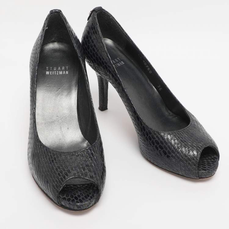 Pre Owned Stuart Weitzman Navy Blue Python Embossed Leather Peep Toe Pumps Size 36