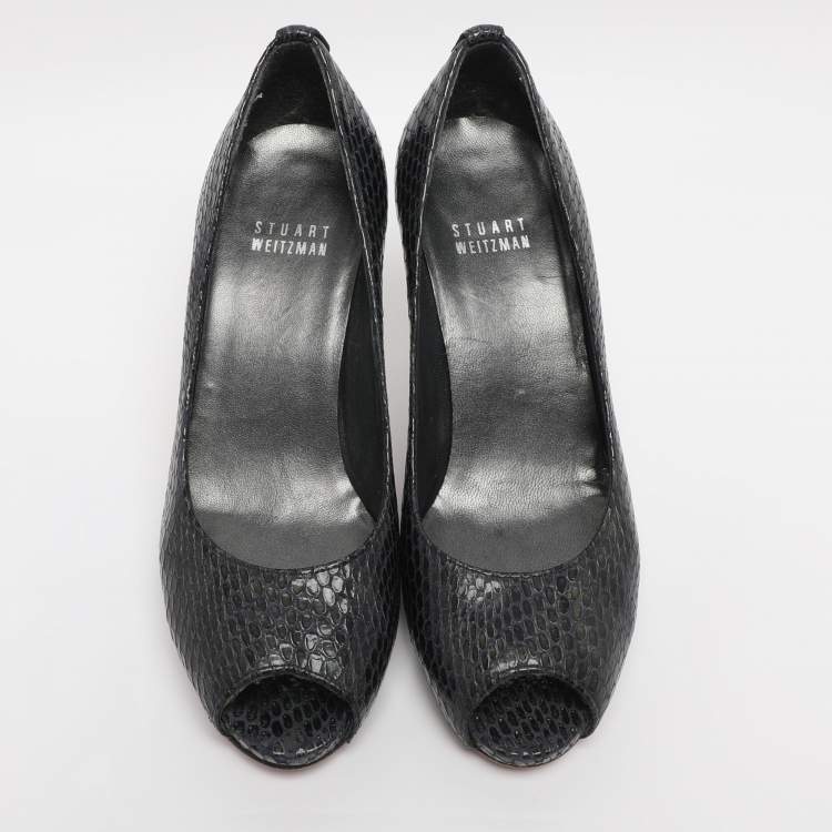 Pre Owned Stuart Weitzman Navy Blue Python Embossed Leather Peep Toe Pumps Size 36