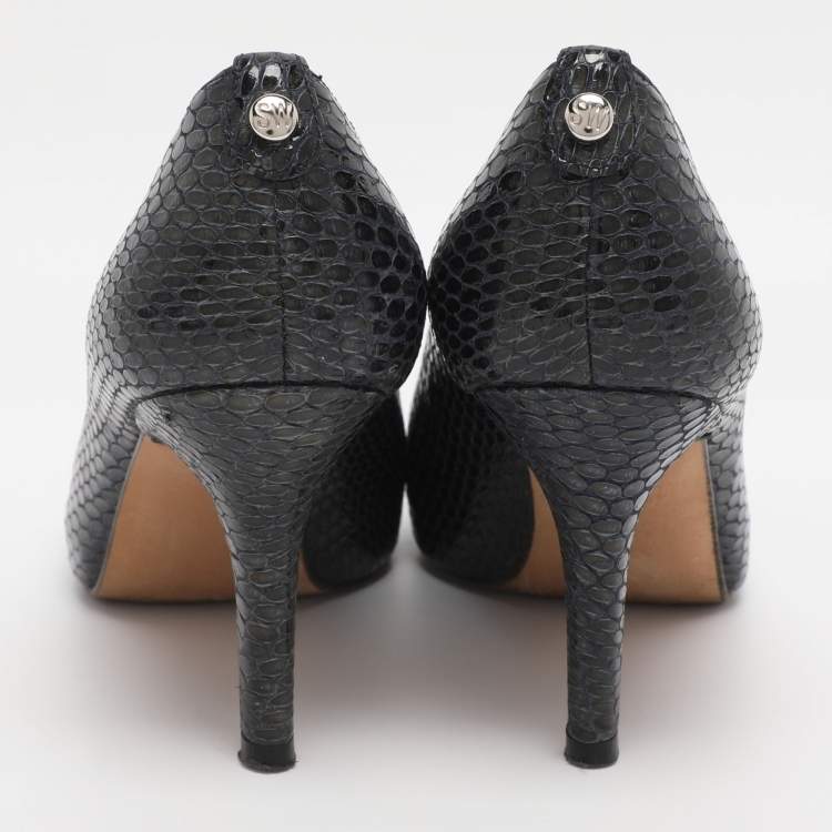Pre Owned Stuart Weitzman Navy Blue Python Embossed Leather Peep Toe Pumps Size 36