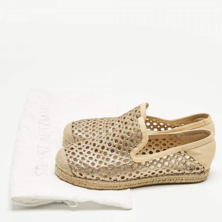 Pre Owned Stuart Weitzman Metallic Gold Leather Espadrille Flat Size 36
