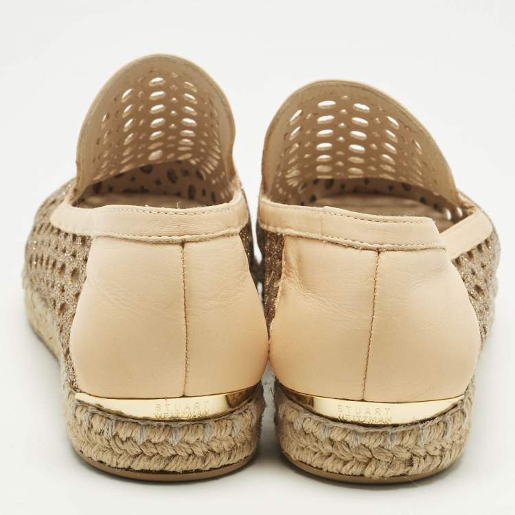Pre Owned Stuart Weitzman Metallic Gold Leather Espadrille Flat Size 36