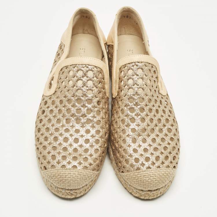 Pre Owned Stuart Weitzman Metallic Gold Leather Espadrille Flat Size 36