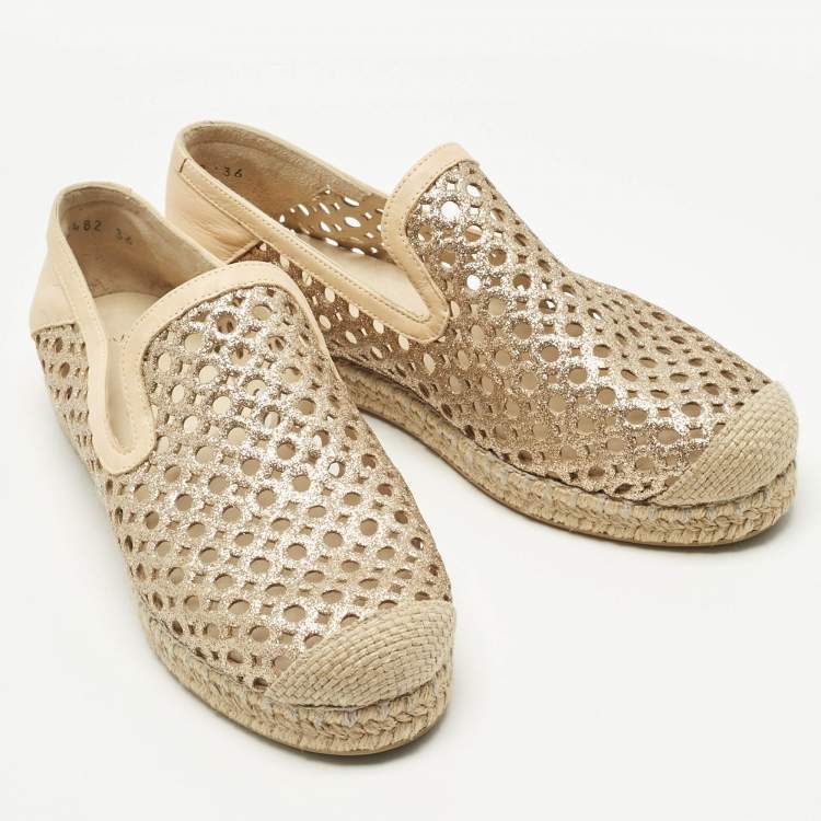 Pre Owned Stuart Weitzman Metallic Gold Leather Espadrille Flat Size 36