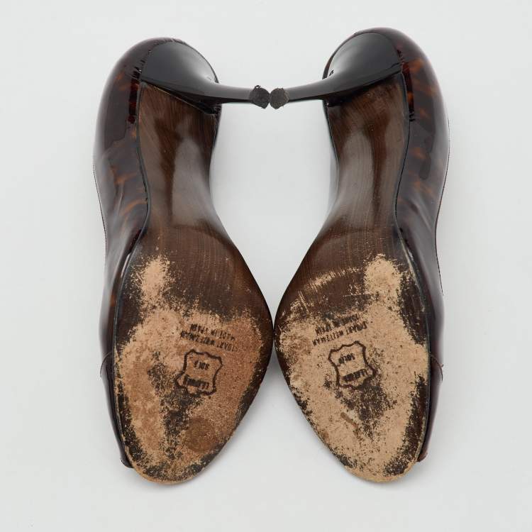 Pre Owned Stuart Weitzman Brown Tortoise Shell Patent Leather Peep Toe Pumps Size 37.5