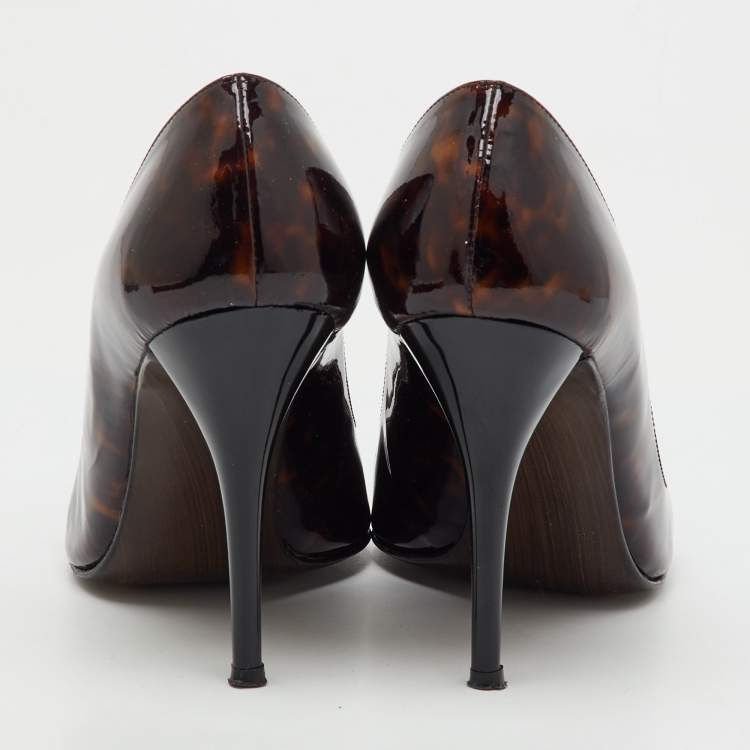 Pre Owned Stuart Weitzman Brown Tortoise Shell Patent Leather Peep Toe Pumps Size 37.5