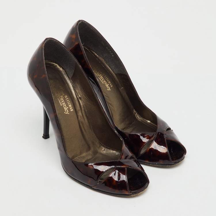 Pre Owned Stuart Weitzman Brown Tortoise Shell Patent Leather Peep Toe Pumps Size 37.5