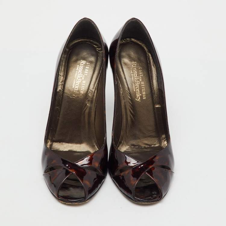 Pre Owned Stuart Weitzman Brown Tortoise Shell Patent Leather Peep Toe Pumps Size 37.5