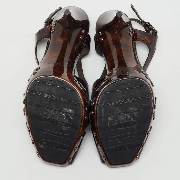 Pre Owned Stuart Weitzman Brown Tortoise Shell Patent Leather Slingback Platform Sandals Size 39.5