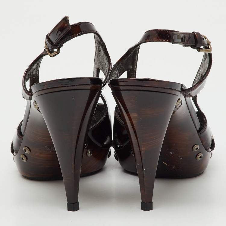Pre Owned Stuart Weitzman Brown Tortoise Shell Patent Leather Slingback Platform Sandals Size 39.5