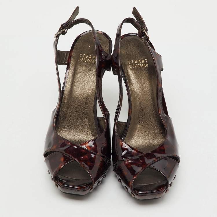 Pre Owned Stuart Weitzman Brown Tortoise Shell Patent Leather Slingback Platform Sandals Size 39.5