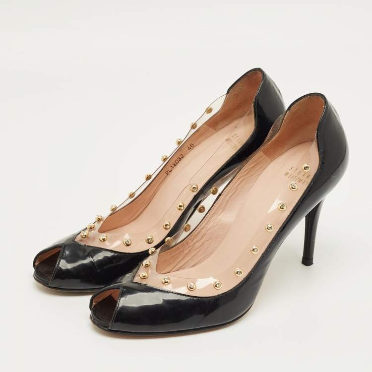 Pre Owned Stuart Weitzman Black/Transparent Patent Leather And PVC Peep Toe Pumps Size 40