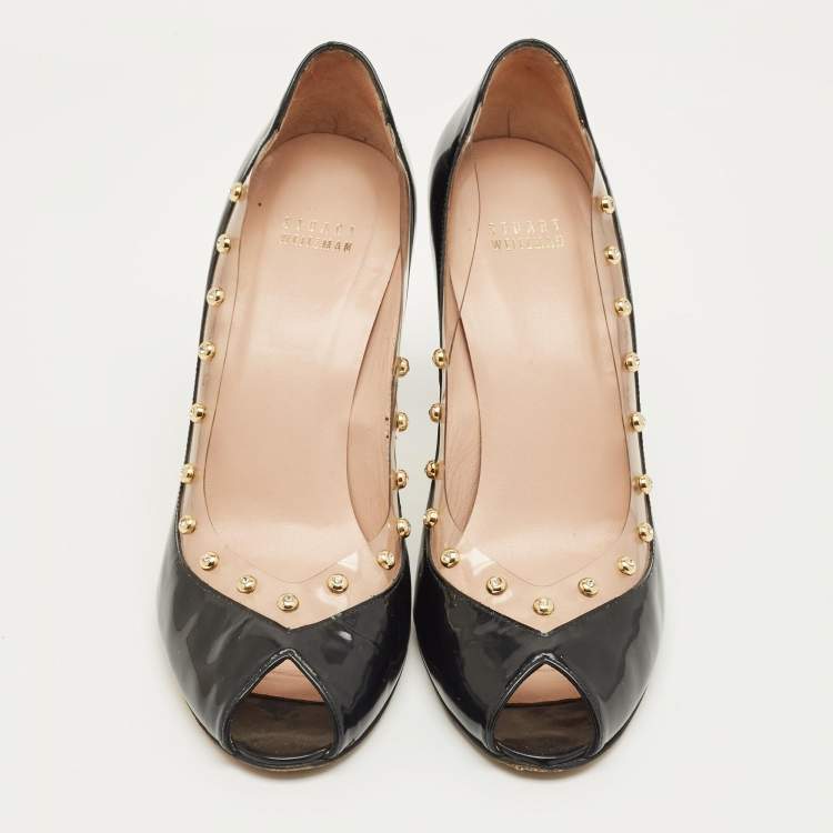 Pre Owned Stuart Weitzman Black/Transparent Patent Leather And PVC Peep Toe Pumps Size 40