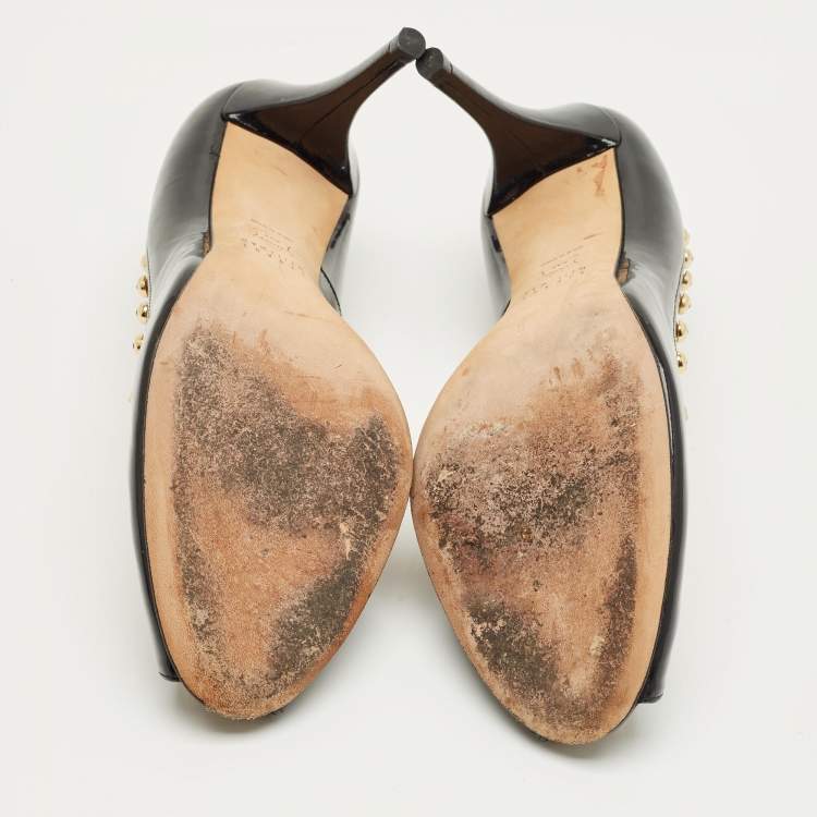 Pre Owned Stuart Weitzman Black/Transparent Patent Leather And PVC Peep Toe Pumps Size 40