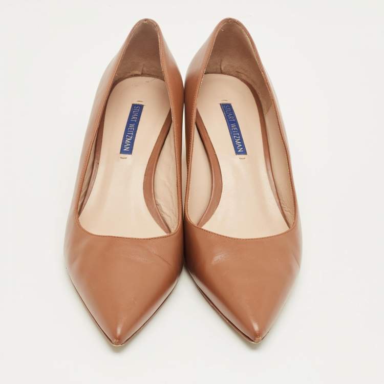 Pre Owned Stuart Weitzman Brown Leather Pointed Toe Block Heel Pumps Size 40