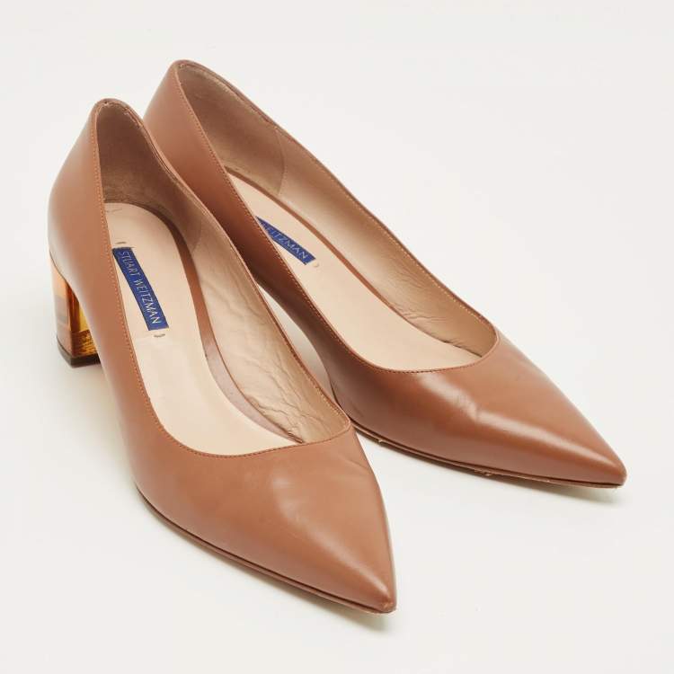 Pre Owned Stuart Weitzman Brown Leather Pointed Toe Block Heel Pumps Size 40