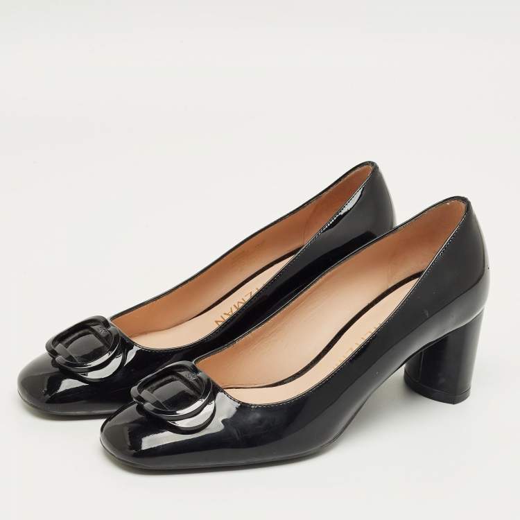 Pre Owned Stuart Weitzman Black Patent Block Heel Pumps Size 37.5