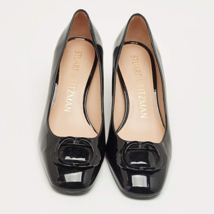 Pre Owned Stuart Weitzman Black Patent Block Heel Pumps Size 37.5