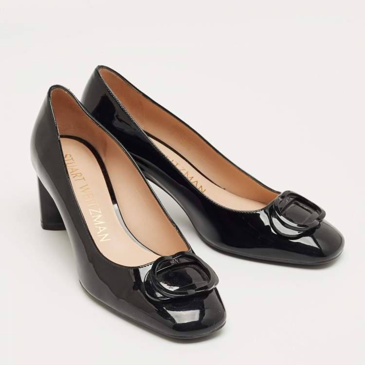 Pre Owned Stuart Weitzman Black Patent Block Heel Pumps Size 37.5