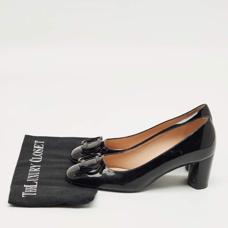 Pre Owned Stuart Weitzman Black Patent Block Heel Pumps Size 37.5