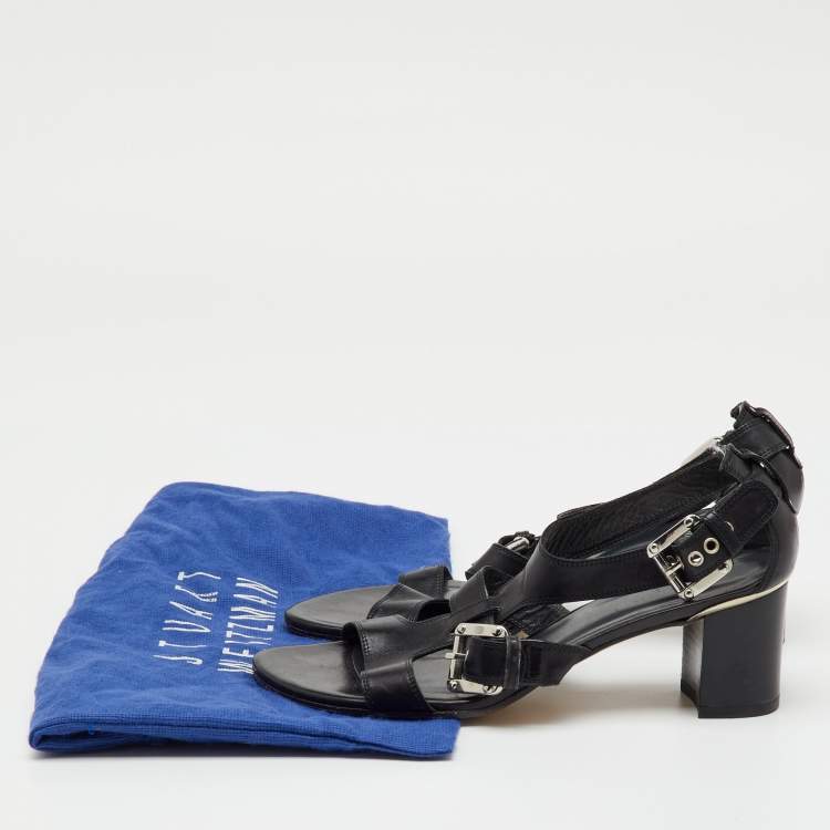Pre Owned Stuart Weitzman Black Leather Buckle Detail Sandals Size 39