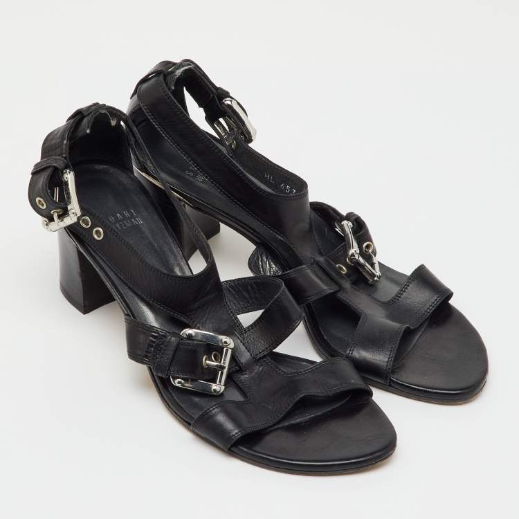 Pre Owned Stuart Weitzman Black Leather Buckle Detail Sandals Size 39