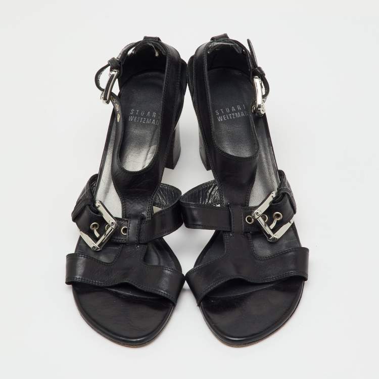 Pre Owned Stuart Weitzman Black Leather Buckle Detail Sandals Size 39